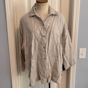 Go Lightly One‎ Size 100% Linen Beige Button Down Top ~ Lagenlook Minimalist